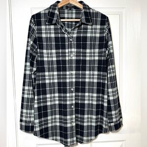 Quince Women Stretch Sweater Fleece Button Down Shirt Black Check Size L Country